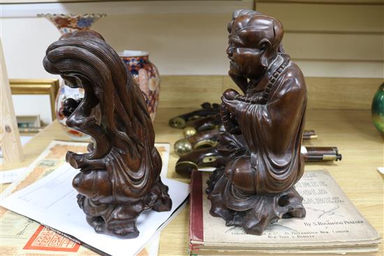 Two Chinese hardwood carvings, boxed, 12in.